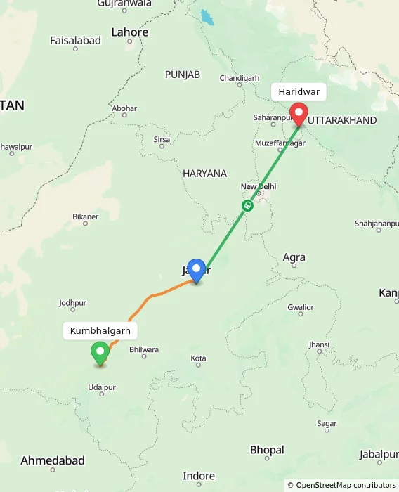 Route map showing distance and travel time from Kumbhalgarh, India to Haridwar, India