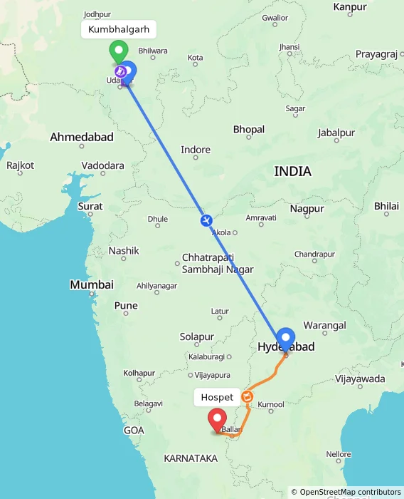 Route map showing distance and travel time from Kumbhalgarh, India to Hospet, India