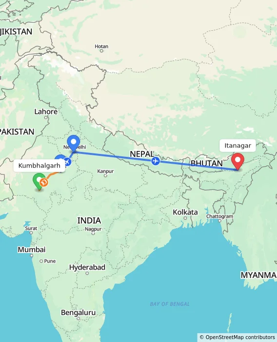Route map showing distance and travel time from Kumbhalgarh, India to Itanagar, India