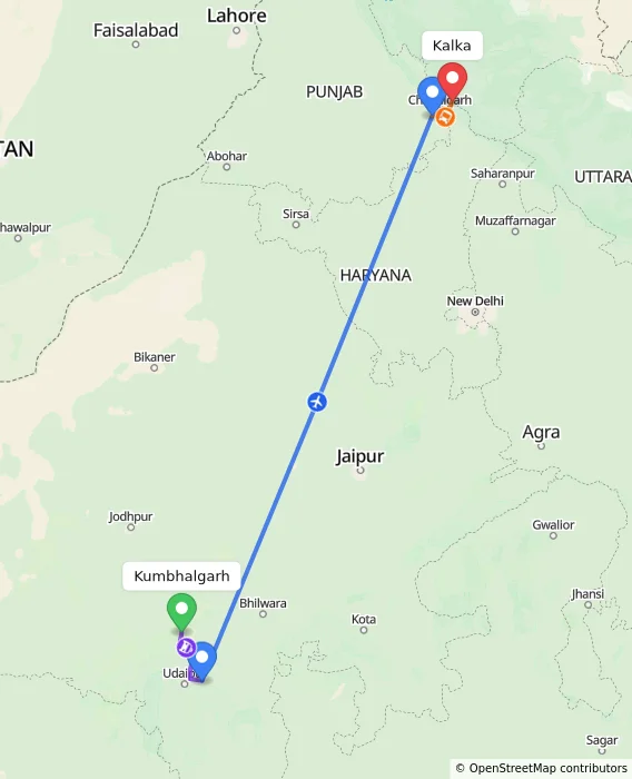 Route map showing distance and travel time from Kumbhalgarh, India to Kalka, India