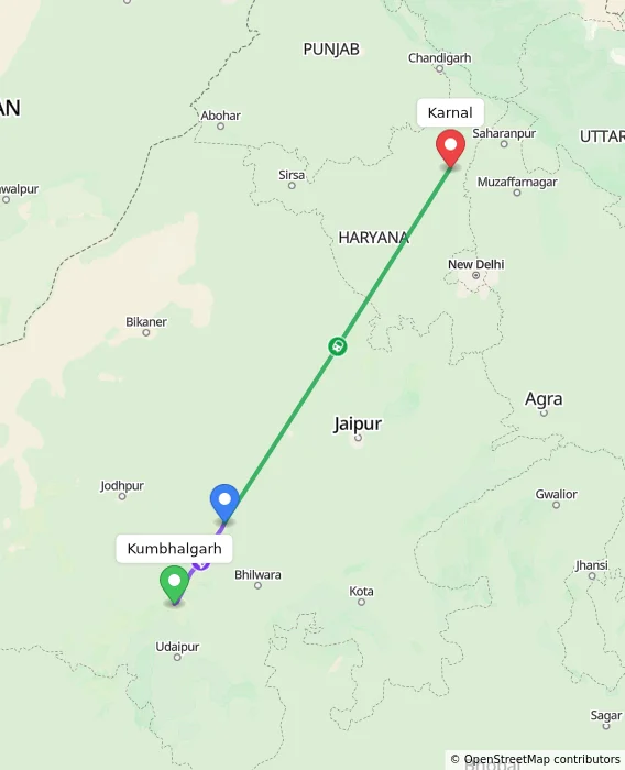 Route map showing distance and travel time from Kumbhalgarh, India to Karnal, India