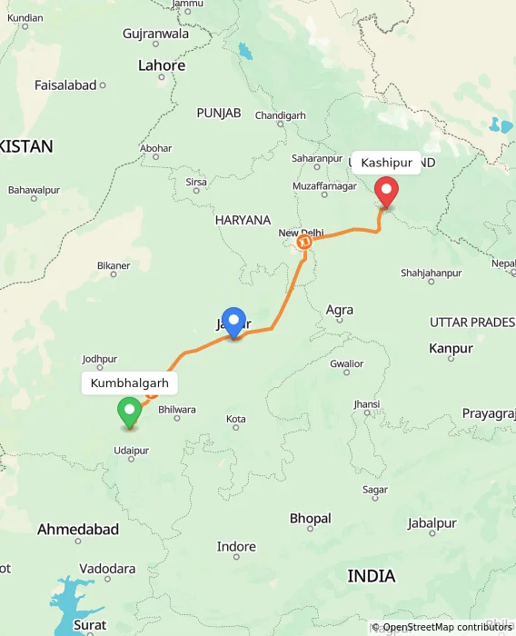 Route map showing distance and travel time from Kumbhalgarh, India to Kashipur, India