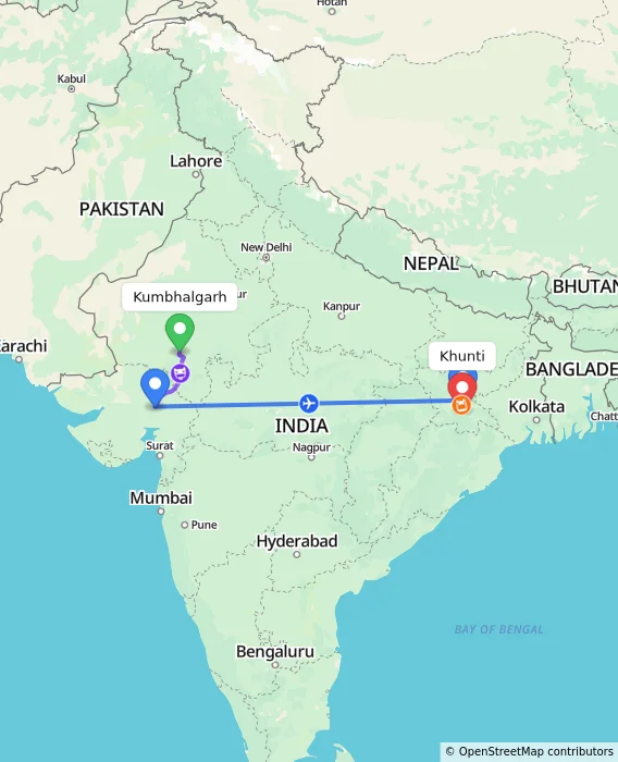 Route map showing distance and travel time from Kumbhalgarh, India to Khunti, India