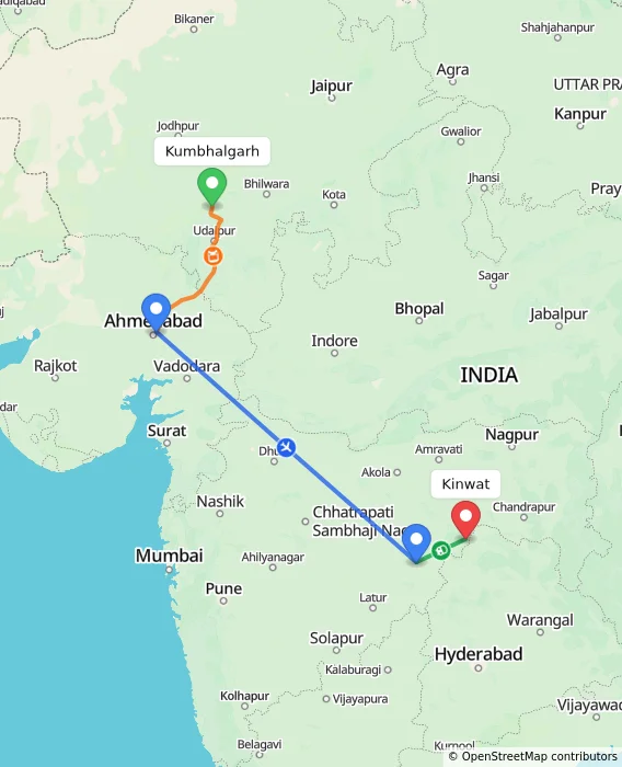 Route map showing distance and travel time from Kumbhalgarh, India to Kinwat, India