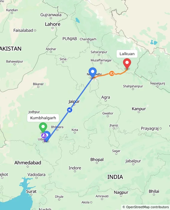 Route map showing distance and travel time from Kumbhalgarh, India to Lalkuan, India