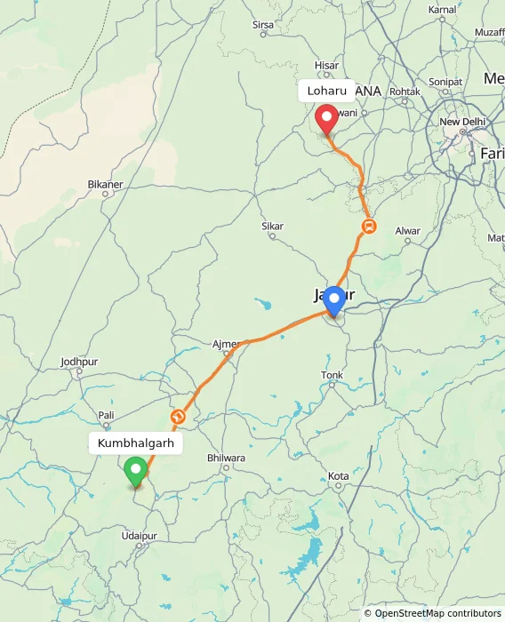 Route map showing distance and travel time from Kumbhalgarh, India to Loharu, India