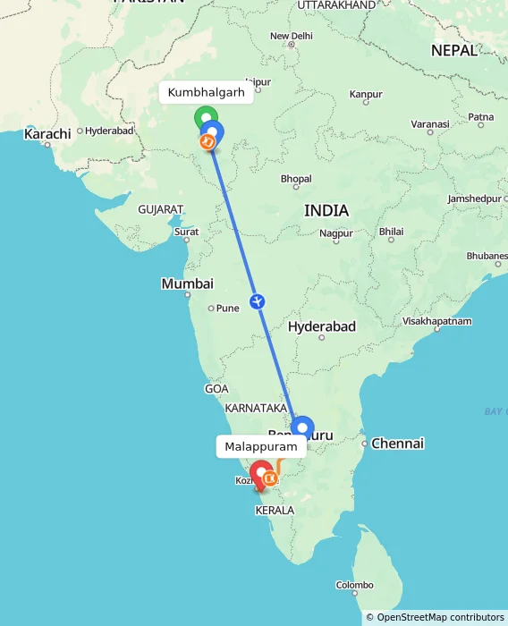 Route map showing distance and travel time from Kumbhalgarh, India to Malappuram, India