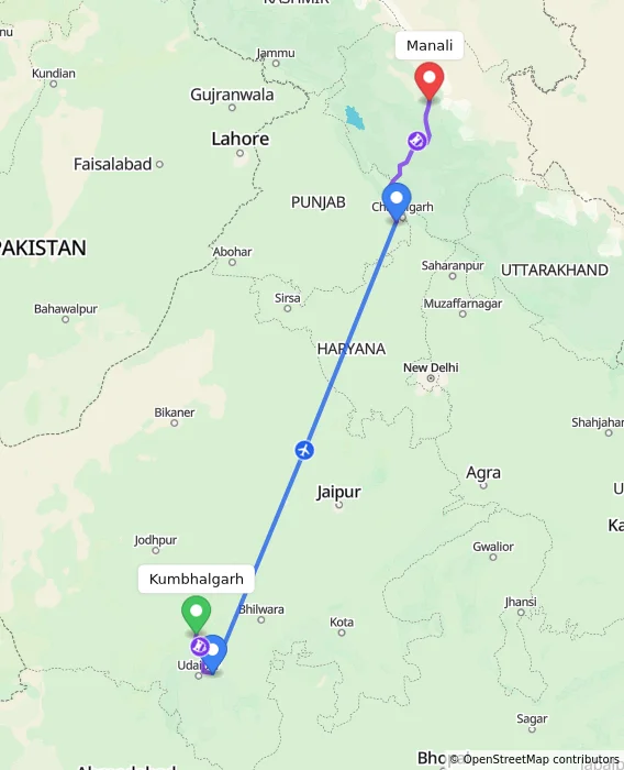 Route map showing distance and travel time from Kumbhalgarh, India to Manali, India
