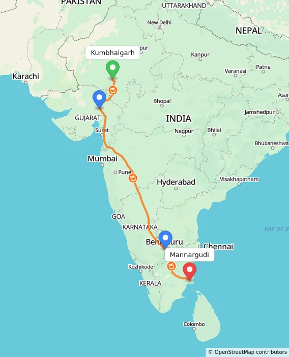 Route map showing distance and travel time from Kumbhalgarh, India to Mannargudi, India