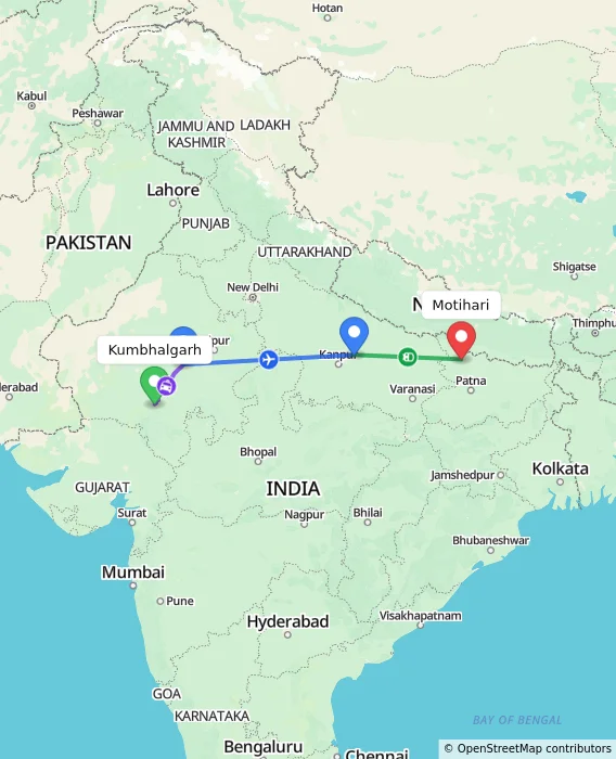 Route map showing distance and travel time from Kumbhalgarh, India to Motihari, India