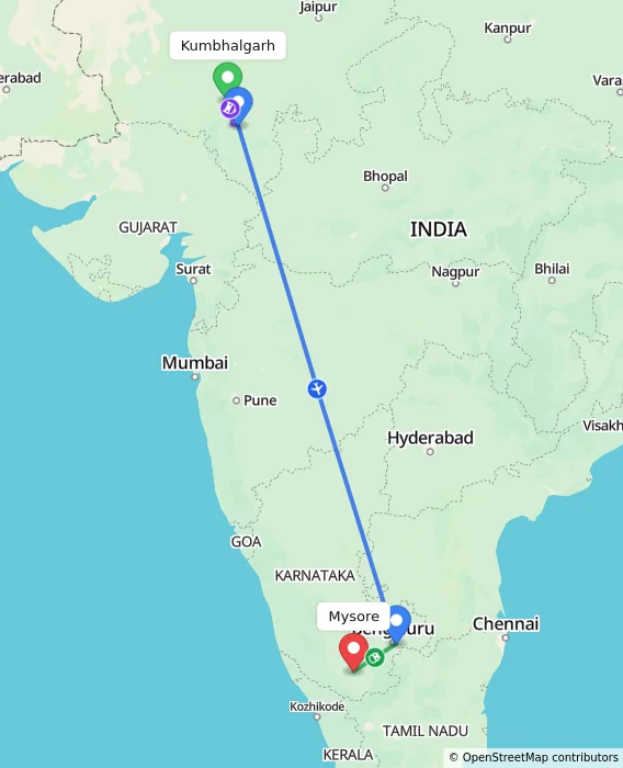 Route map showing distance and travel time from Kumbhalgarh, India to Mysore, India