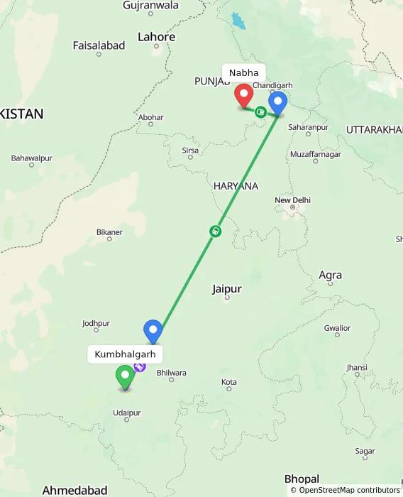 Route map showing distance and travel time from Kumbhalgarh, India to Nabha, India