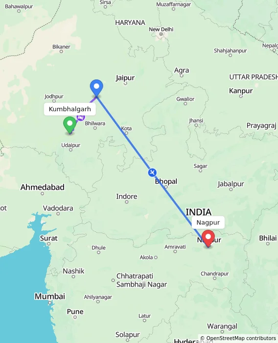 Route map showing distance and travel time from Kumbhalgarh, India to Nagpur, India