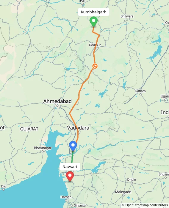Route map showing distance and travel time from Kumbhalgarh, India to Navsari, India
