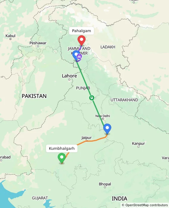 Route map showing distance and travel time from Kumbhalgarh, India to Pahalgam, India