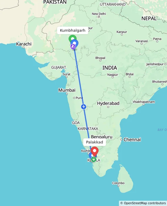 Route map showing distance and travel time from Kumbhalgarh, India to Palakkad, India