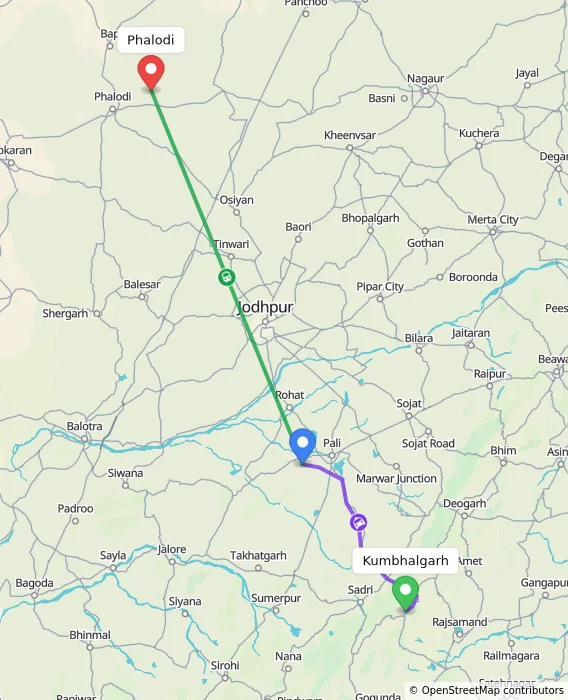 Route map showing distance and travel time from Kumbhalgarh, India to Phalodi, India