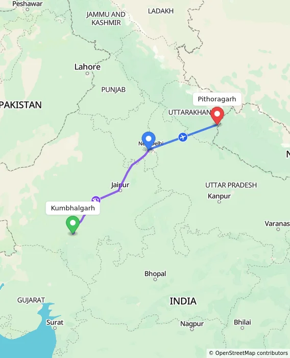 Route map showing distance and travel time from Kumbhalgarh, India to Pithoragarh, India