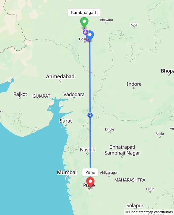 Route map showing distance and travel time from Kumbhalgarh, India to Pune, India