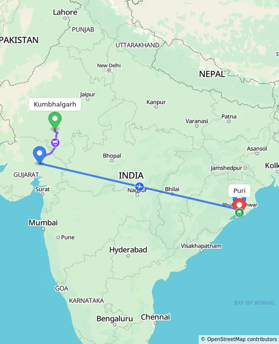 Route map showing distance and travel time from Kumbhalgarh, India to Puri, India
