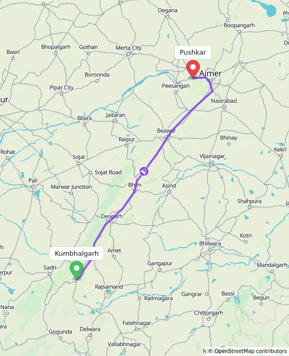 Route map showing distance and travel time from Kumbhalgarh, India to Pushkar, India
