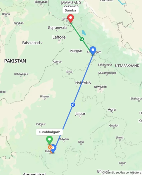 Route map showing distance and travel time from Kumbhalgarh, India to Samba, India