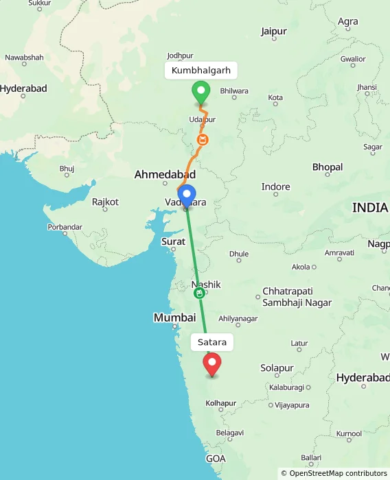 Route map showing distance and travel time from Kumbhalgarh, India to Satara, India