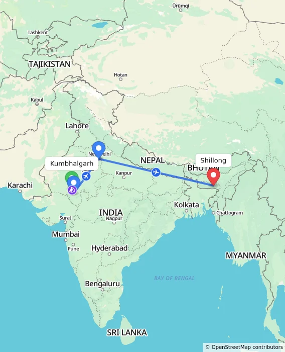 Route map showing distance and travel time from Kumbhalgarh, India to Shillong, India