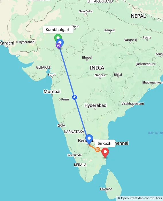 Route map showing distance and travel time from Kumbhalgarh, India to Sirkazhi, India