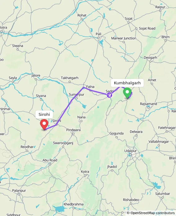 Route map showing distance and travel time from Kumbhalgarh, India to Sirohi, India
