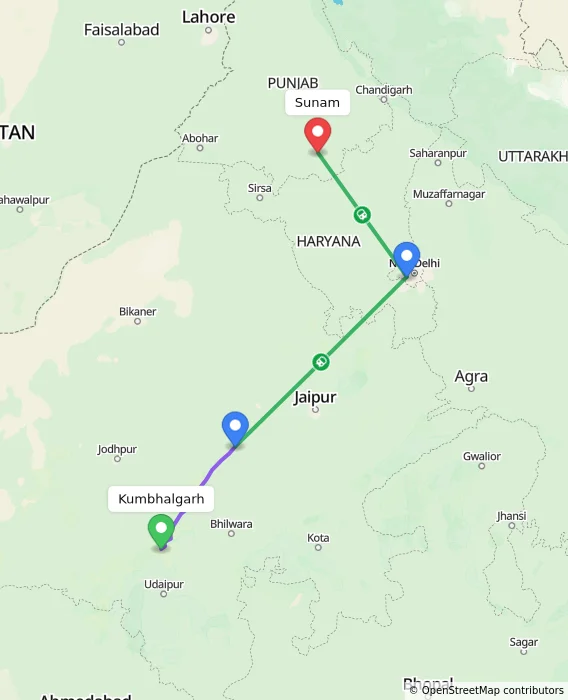 Route map showing distance and travel time from Kumbhalgarh, India to Sunam, India