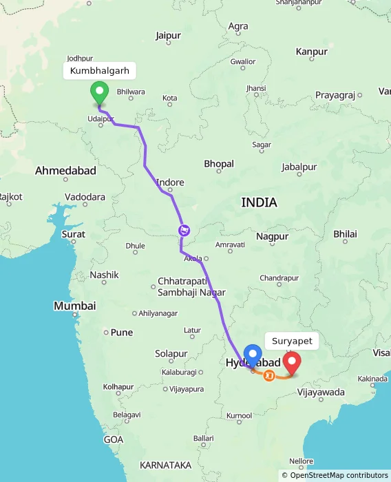 Route map showing distance and travel time from Kumbhalgarh, India to Suryapet, India