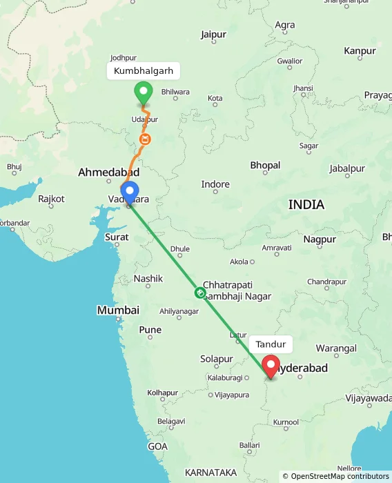 Route map showing distance and travel time from Kumbhalgarh, India to Tandur, India