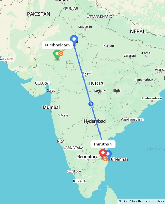 Route map showing distance and travel time from Kumbhalgarh, India to Thiruthani, India