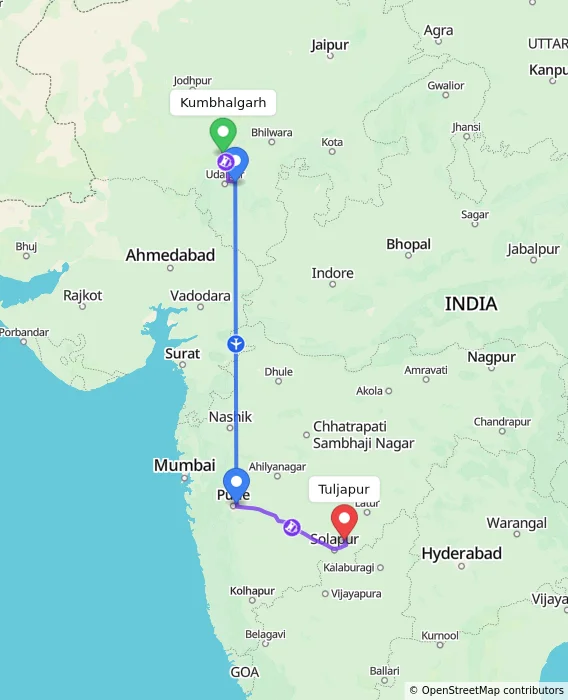 Route map showing distance and travel time from Kumbhalgarh, India to Tuljapur, India