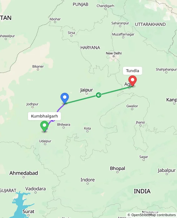 Route map showing distance and travel time from Kumbhalgarh, India to Tundla, India