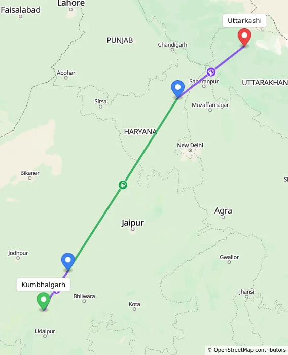 Route map showing distance and travel time from Kumbhalgarh, India to Uttarkashi, India