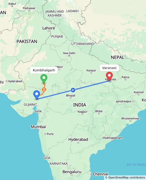 Route map showing distance and travel time from Kumbhalgarh, India to Varanasi, India