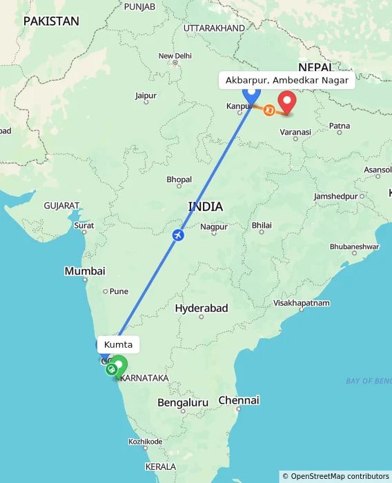 Route map showing distance and travel time from Kumta, India to Akbarpur, Ambedkar Nagar, India