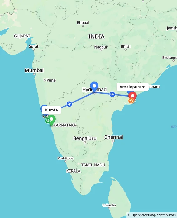 Route map showing distance and travel time from Kumta, India to Amalapuram, India