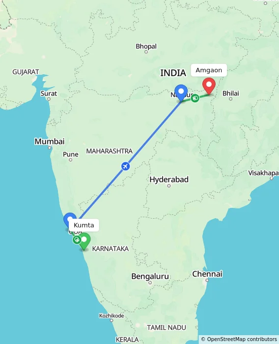 Route map showing distance and travel time from Kumta, India to Amgaon, India