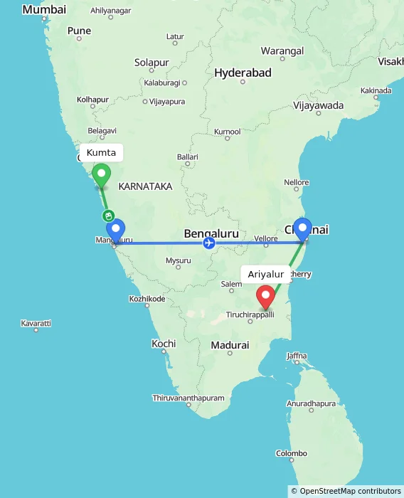 Route map showing distance and travel time from Kumta, India to Ariyalur, India