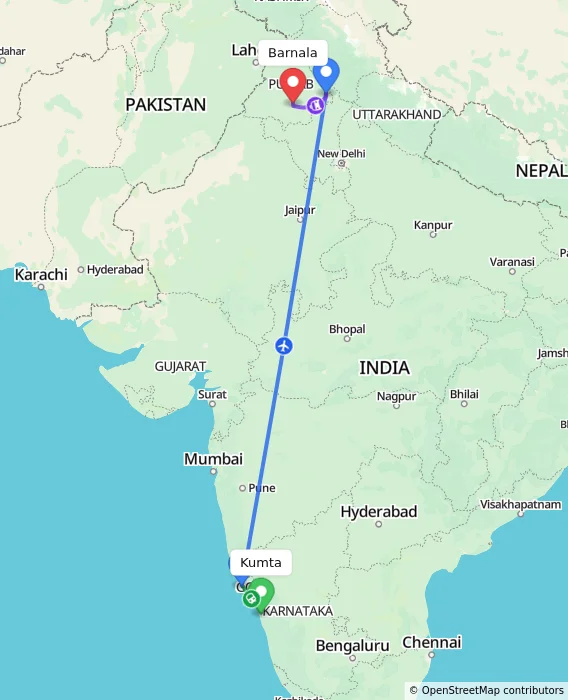 Route map showing distance and travel time from Kumta, India to Barnala, India
