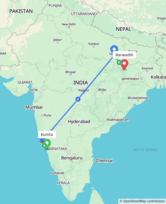 Route map showing distance and travel time from Kumta, India to Barwadih, India