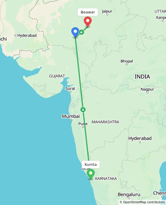 Route map showing distance and travel time from Kumta, India to Beawar, India