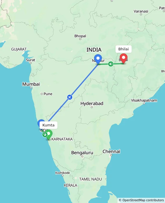 Route map showing distance and travel time from Kumta, India to Bhilai, India