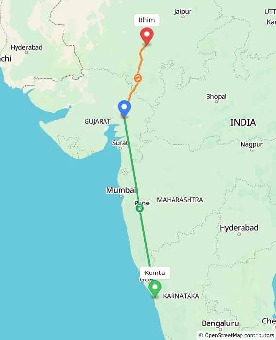 Route map showing distance and travel time from Kumta, India to Bhim, India