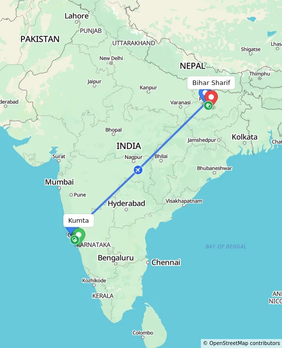 Route map showing distance and travel time from Kumta, India to Bihar Sharif, India