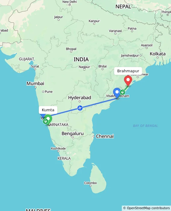Route map showing distance and travel time from Kumta, India to Brahmapur, India