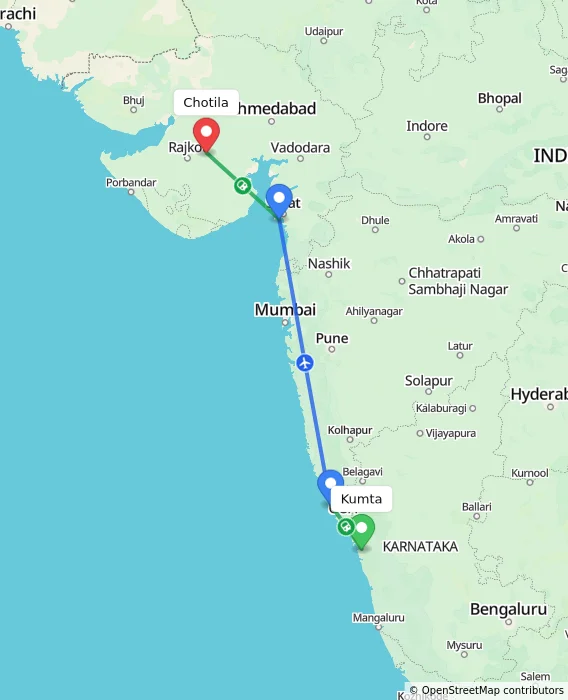Route map showing distance and travel time from Kumta, India to Chotila, India